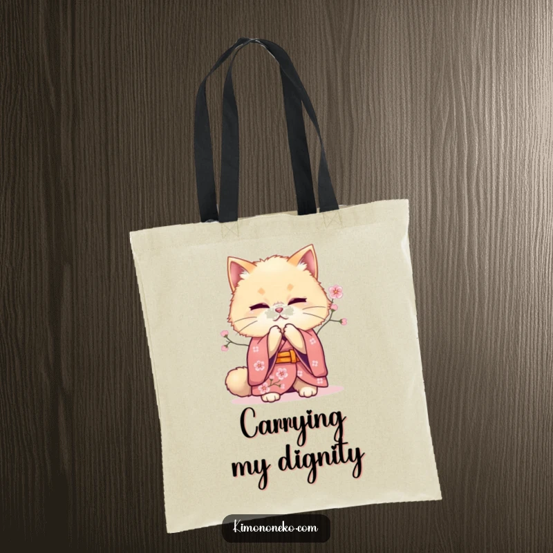 Funny bowing cat kimono tote bag, depicting a fluffy feline offering a respectful bow, ideal for carrying items with grace and cultural charm.