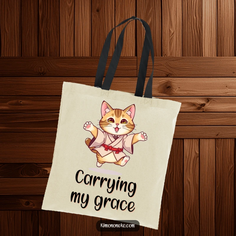 Funny Kimono Cat Tote Bag: A tabby cat in a formal kimono in mid-leap, a humorous and elegant accessory.