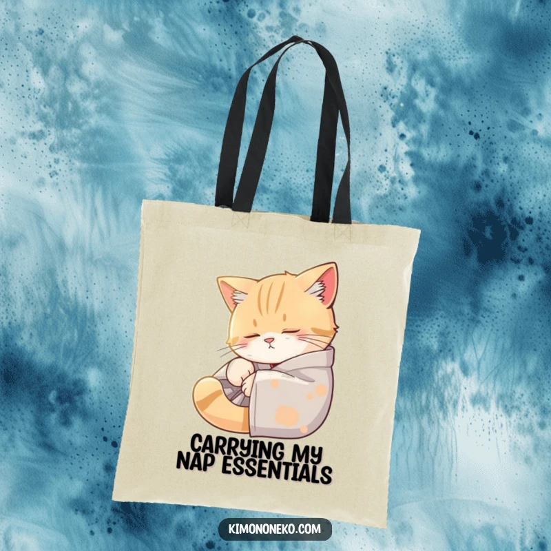 Funny canvas tote bag featuring a sleepy cat in a kimono resting in a sunbeam, embodying pure relaxation and adorable humor.
