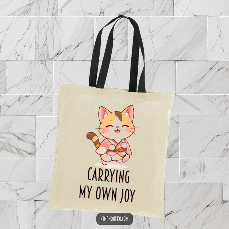 Funny calico kawaii cat in a floral kimono captured mid-joyful pounce, a charming and humorous design on a practical tote bag.