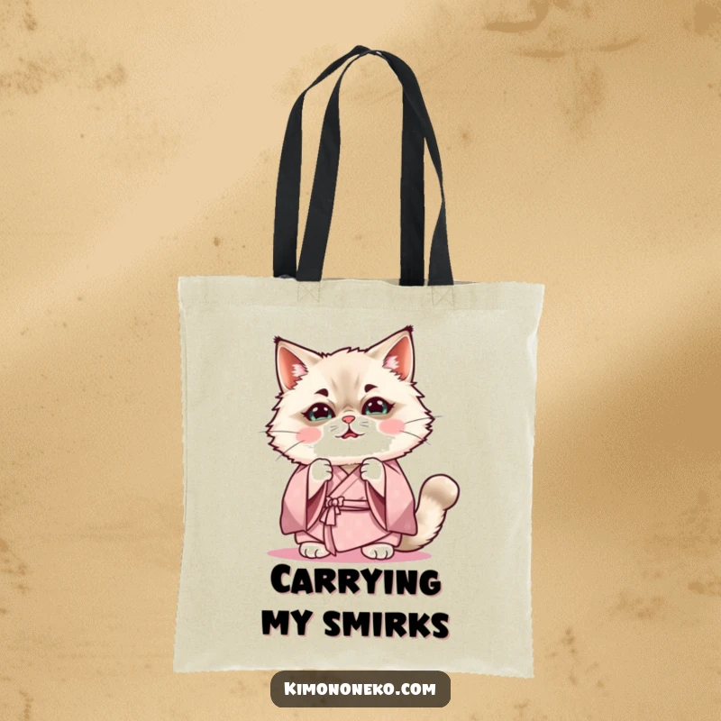 Funny Kawaii Ragdoll cat in soft kimono practicing a funny expression, cute anime tote bag, gift.