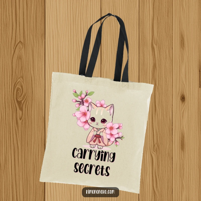 Funny tote bag featuring a shy cat in a kimono, peeking shyly from behind a large cherry blossom.