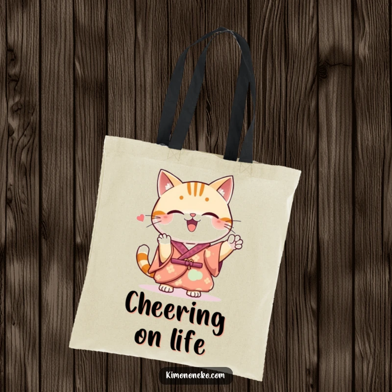 Funny Kawaii cat in a kimono, giving a spirited cheer, a practical and funny tote bag for everyday joy.