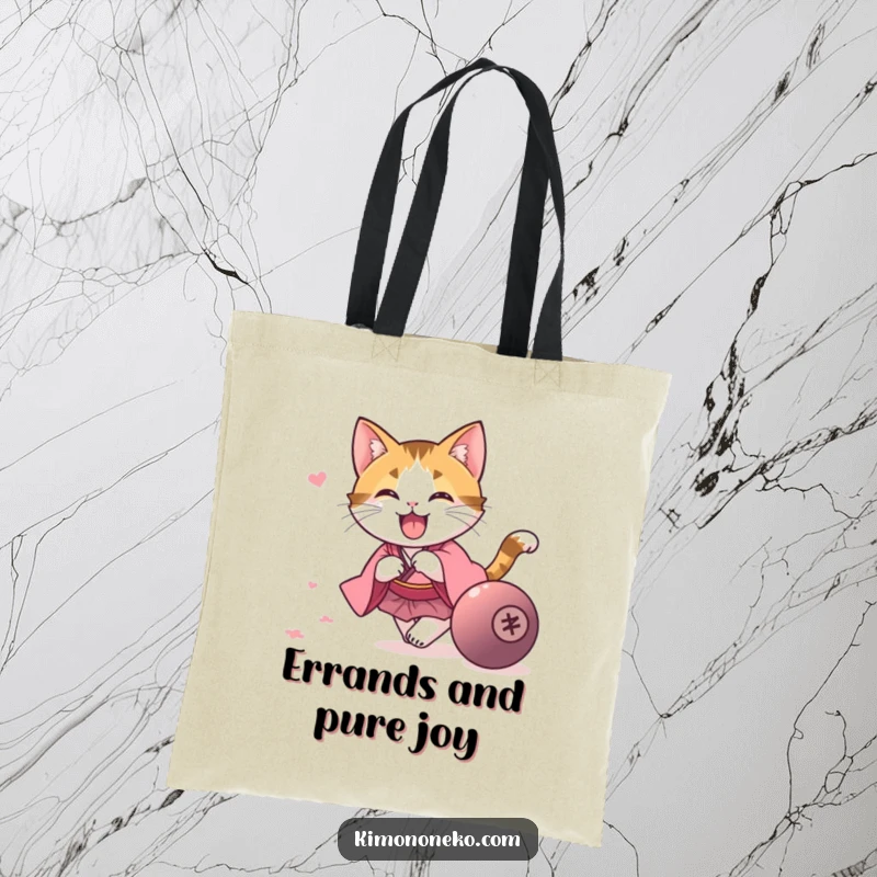 Funny kawaii calico cat in a pink kimono, chasing a rolling ball, on a practical and funny tote bag, a fun gift.