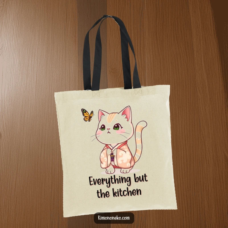 Funny tote bag showing a surprised cat in a festive kimono, tail puffed up in alarm and awe at a fluttering butterfly, perfect for carrying funny finds.