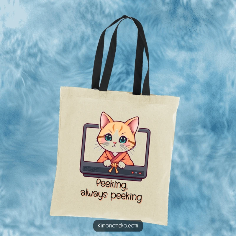 Funny curious cat in a colorful kimono peeking from behind screens, featured on a durable tote bag.
