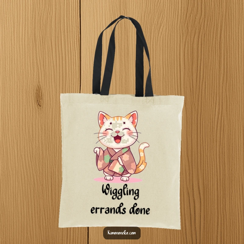 Funny happy cat in a colorful kimono wiggling its tail, featured on a durable tote bag.