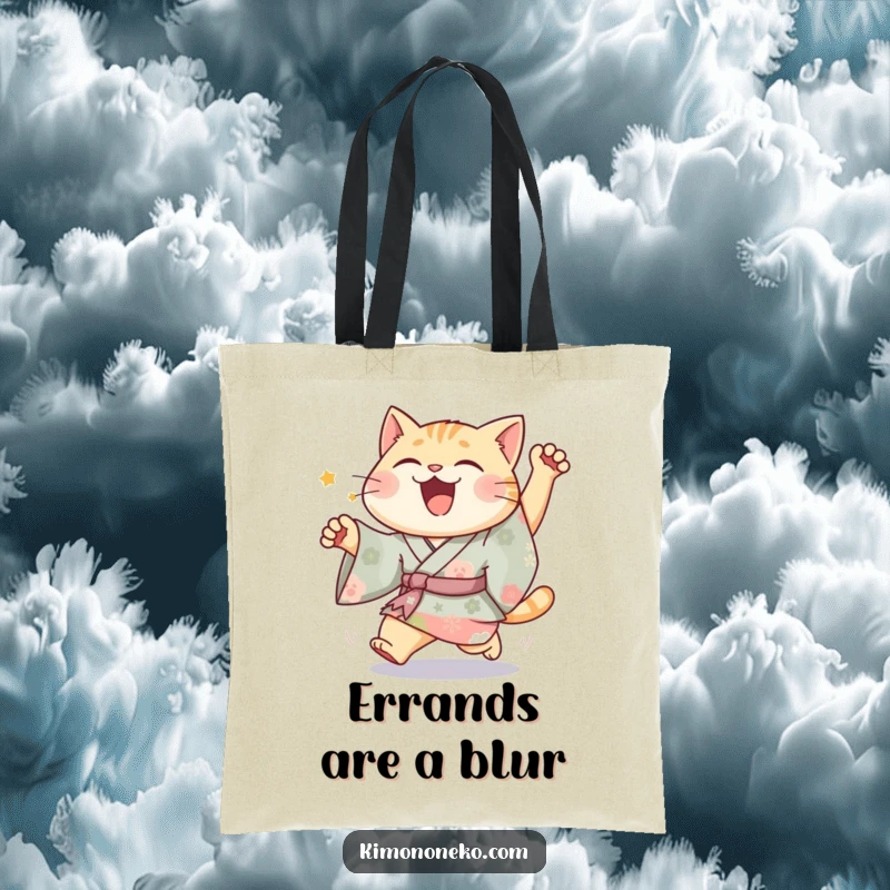 Funny Joyful Cat Kimono Tote Bag showing a happy cat in vibrant attire in a silly chase, perfect for playful, practical use.