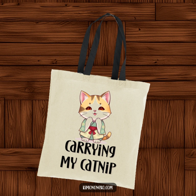 Funny kawaii calico cat in a festive kimono bowing on a tote bag, a humorous and polite anime accessory.