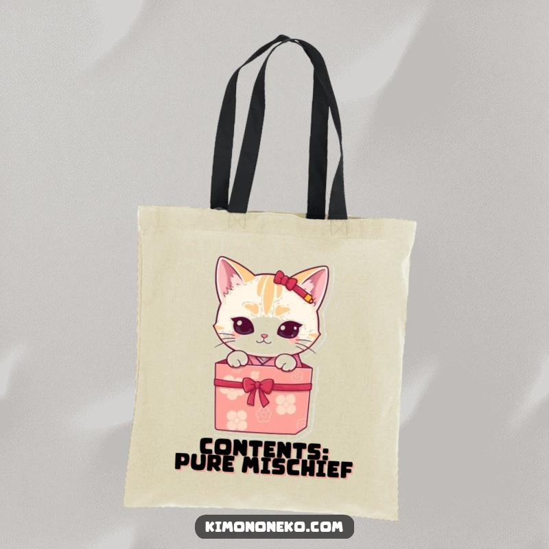 Funny kawaii cat wearing a kimono, emerging from a gift box, on a practical and funny tote bag, perfect for gifts.