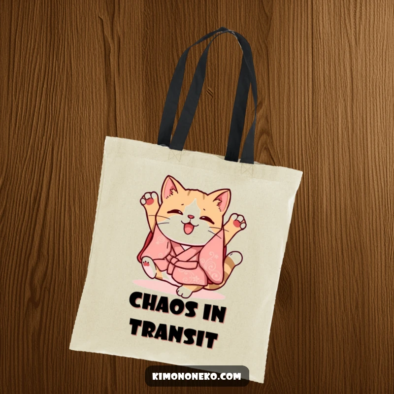Funny Kawaii cat in a whimsical kimono doing a clumsy somersault, reusable shopping bag, durable tote.