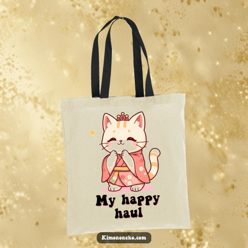 Funny Kawaii cat in a festive kimono, enthusiastically clapping its paws, a durable and joyful accessory.