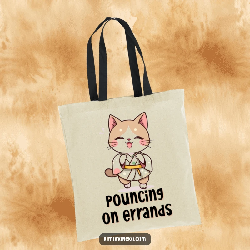 Funny Kawaii cat in a kimono, doing a playful pounce, a practical and funny tote bag.
