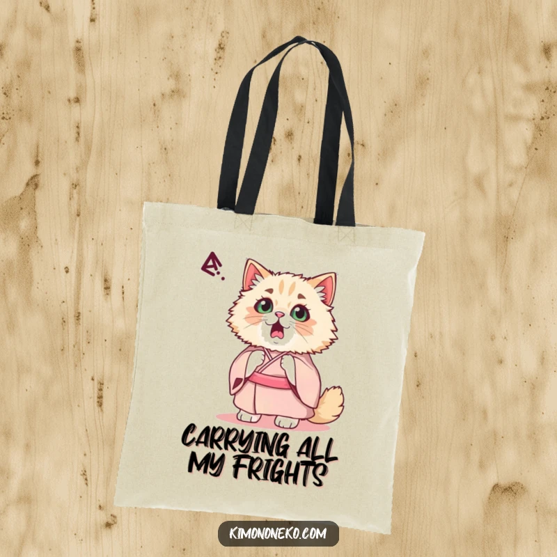 Funny Kawaii Persian Cat Tote Bag: A startled cat in a fancy kimono reacts to a noise, its expression hilariously wide-eyed and surprised.