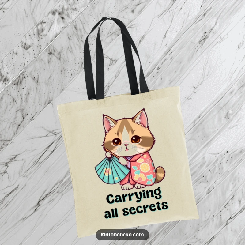 Funny Kawaii Scottish Fold cat peeking from behind a fan in a kimono, cute anime tote bag, gift.