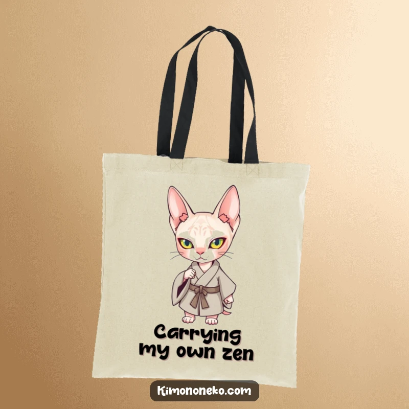 Funny Kawaii Sphynx Cat Kimono Tote Bag: A determined Sphynx cat in a kimono, ready for errands and laughs.