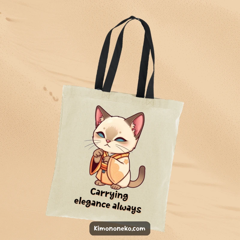 Funny Siamese kawaii cat in an ornate kimono, grooming its paw, on a stylish and funny tote bag, a great gift.