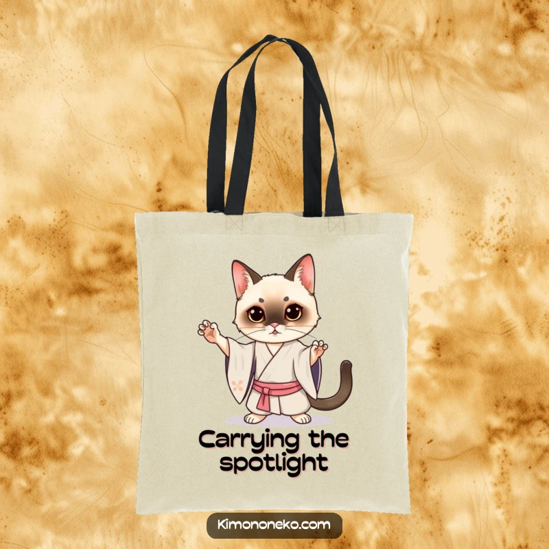 Funny Siamese Cat Kimono Tote Bag: A Kawaii Siamese cat in a silk kimono posing dramatically, a humorous and elegant accessory.