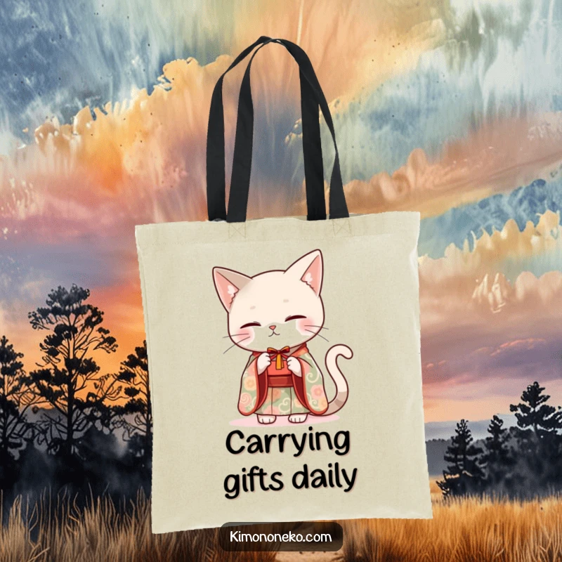 Funny sleek cat in an elegant kimono offering a small gift, featured on a durable tote bag.