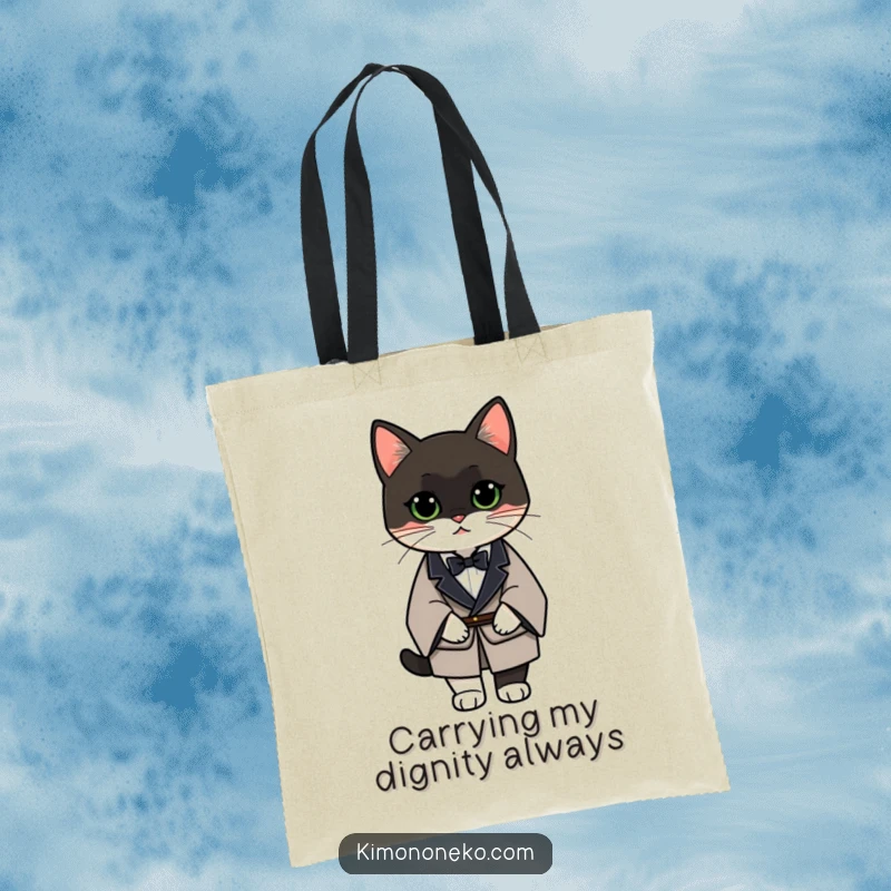 Funny Tuxedo Cat Tote Bag with a distinguished cat in a formal kimono, perfect for stylish shopping and errands.