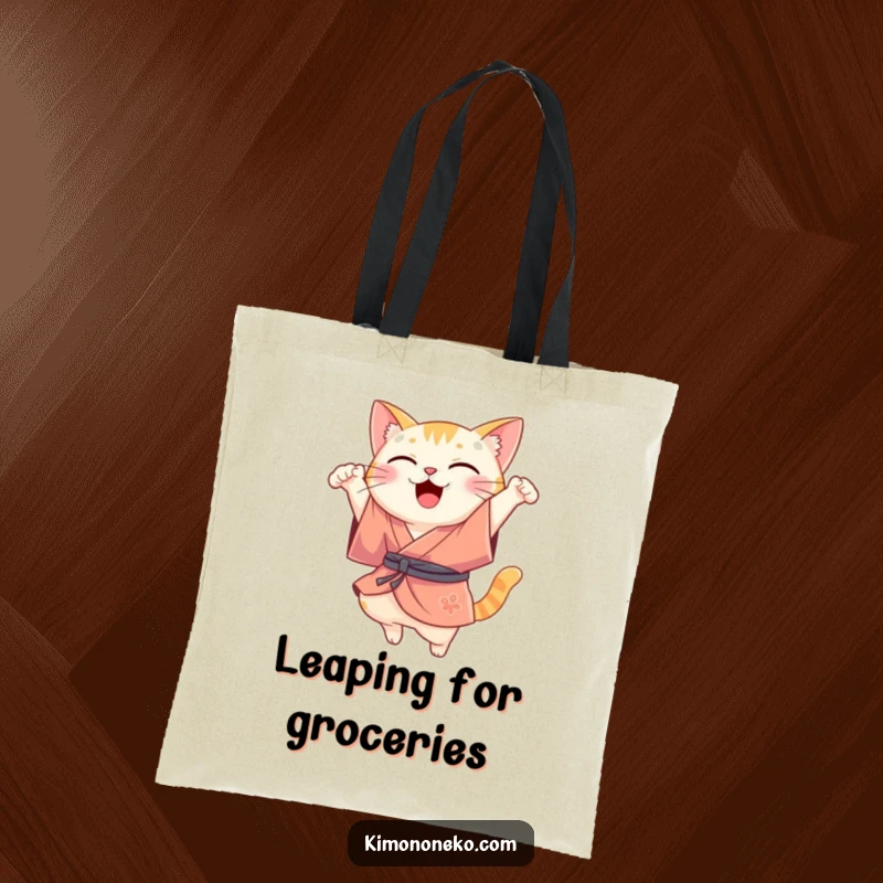 Funny Kawaii cat in a silk kimono, performing a joyful leap, a practical and funny tote bag.