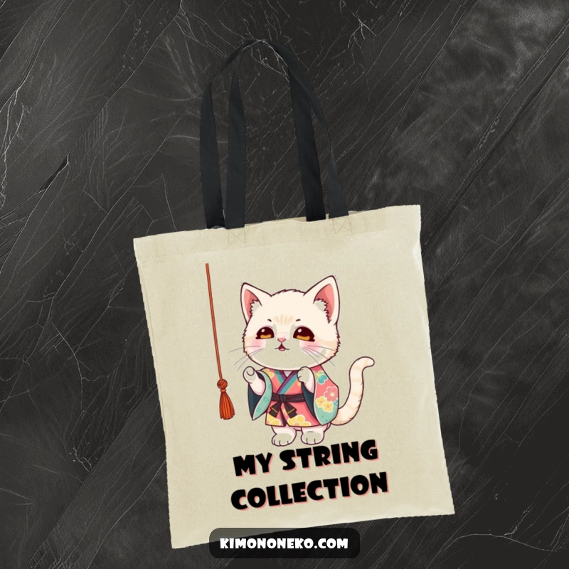 Funny Kitten Kimono Tote Bag: A mischievous kitten in a colorful kimono playfully batting at a dangling string, a cute accessory.