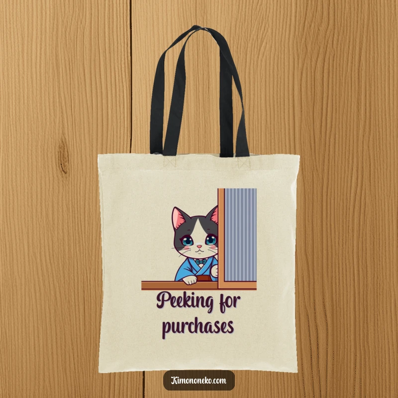 Funny curious kawaii tuxedo cat in a blue kimono, peeking from behind a screen, on a durable tote bag.