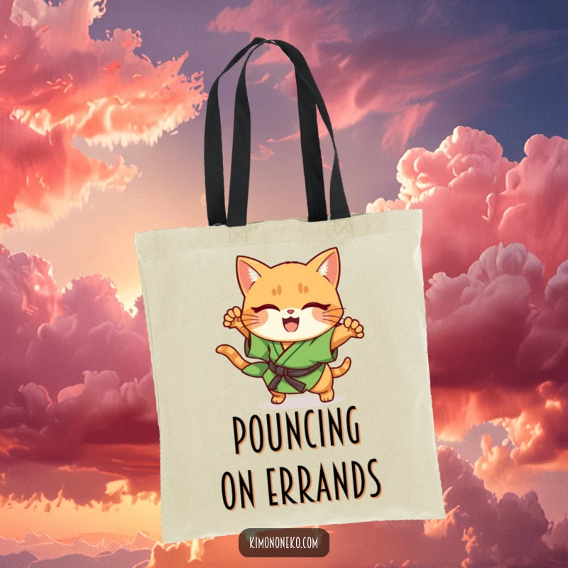 Funny ginger cat in green kimono, performing a sudden pounce, kawaii style tote bag.