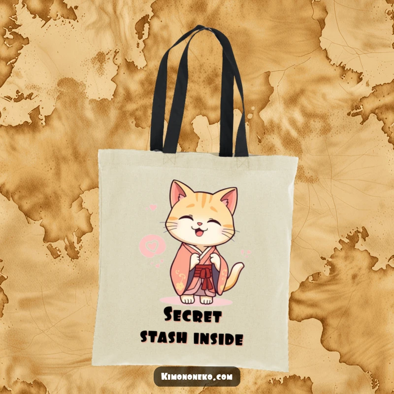 Funny Kawaii cat in an elegant kimono sharing a secret giggle, reusable shopping bag, stylish tote.