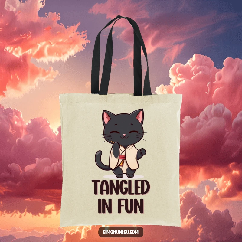 Funny Black Cat Kimono Tote Bag: A Kawaii black cat in a simple kimono playfully batting at a string, perfect for carrying items.